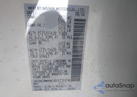 2017 Nissan Pathfinder Platinum from USA, damaged, VIN 5N1DR2MM4HC607928